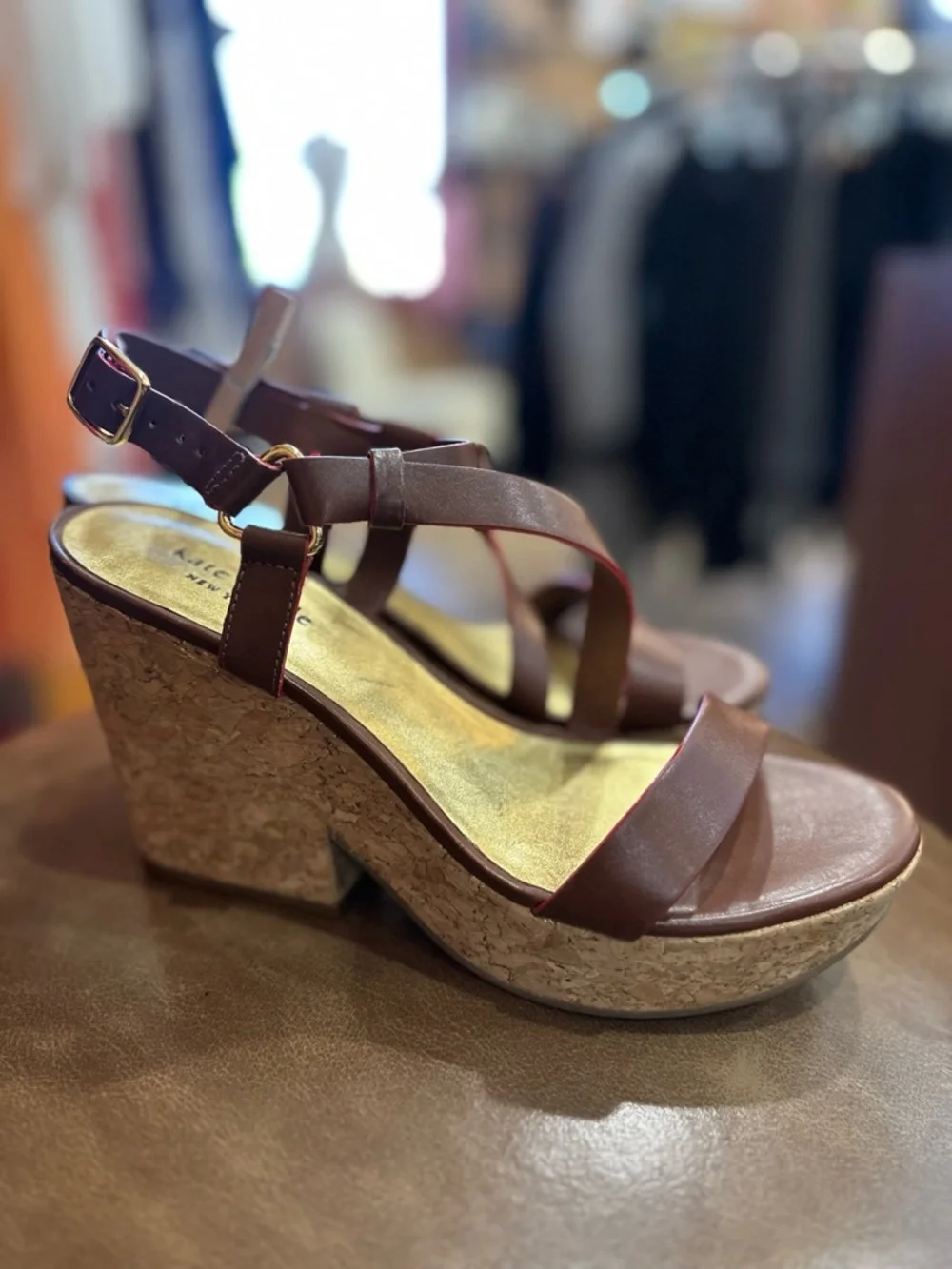 kate spade Brown Cork Wedge Sandals with Strappy Ankle Buckle size 8 - Picture 3 of 8